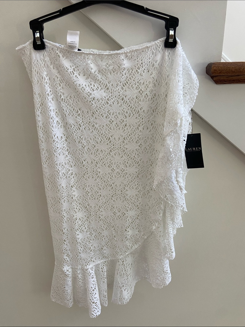 Lauren Ralph Lauren White Crochet Asymmetrical Ruffle cover up/ tie
